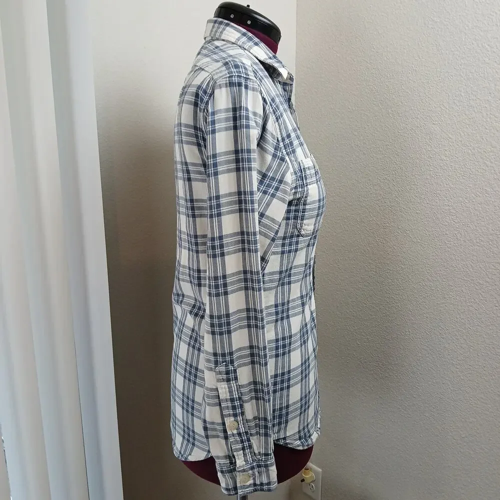 J.Crew Tailored Fit Workshirt Mens Small plaid white blue double layer cotton LS
